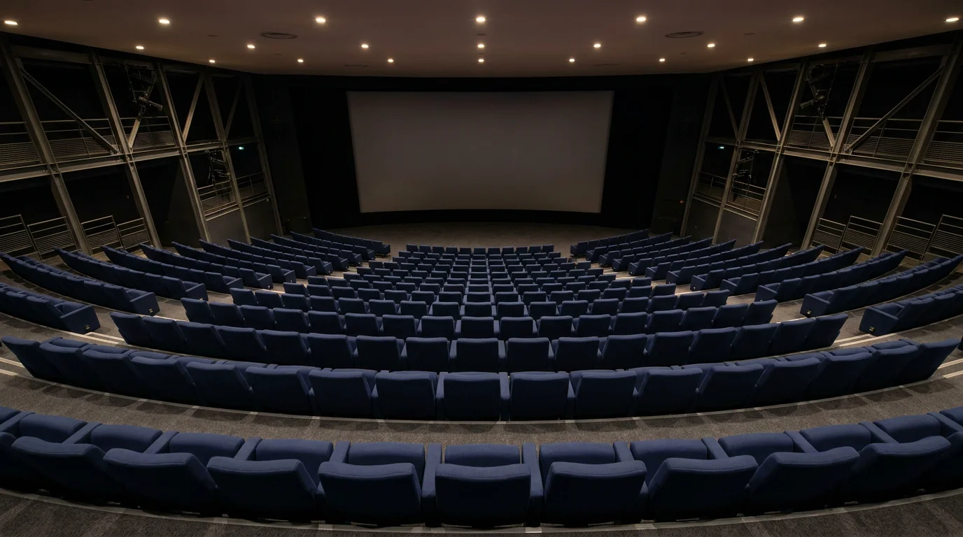 Auditorium avec rangées de fauteuils bleu nuit disposés en gradins semi-circulaires