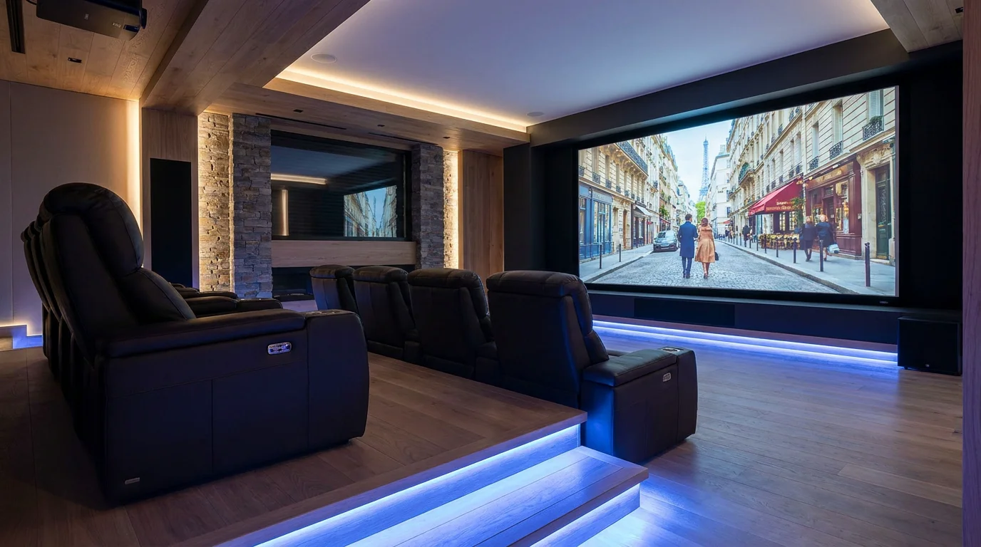 Salle de cinéma maison moderne équipée de fauteuils inclinables en cuir avec éclairage d'ambiance LED