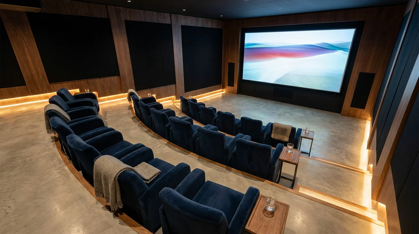 Salle de cinéma privée avec fauteuils disposés en arc de cercle sur estrade et panneaux acoustiques muraux