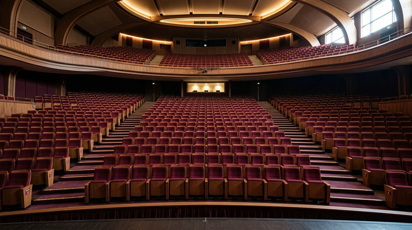 Rangées de fauteuils bordeaux en gradins dans une salle de cinéma vue depuis la scène