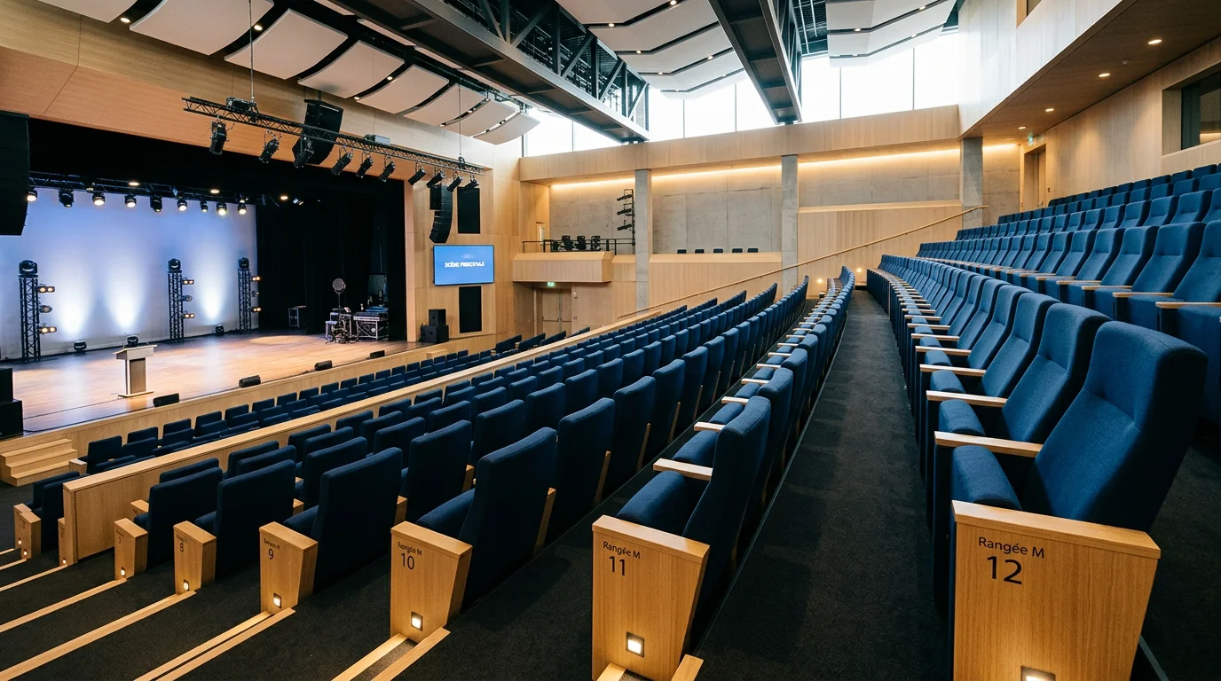 Rangées de fauteuils en gradins bleu nuit dans un auditorium moderne