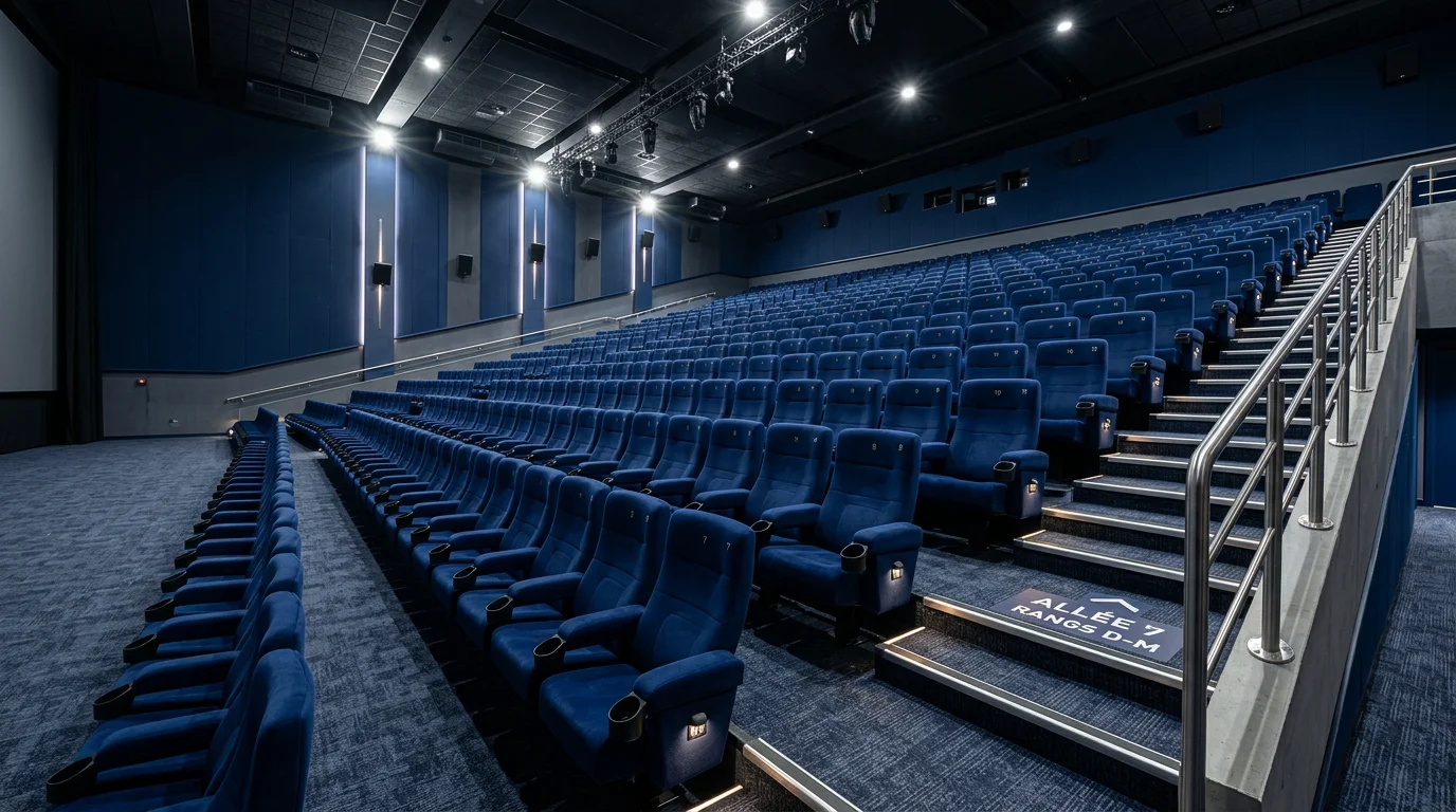 Rangées de fauteuils bleu nuit en gradins dans un amphithéâtre
