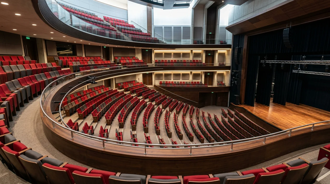 Vue en plongée de fauteuils rouges et gris dans un auditorium