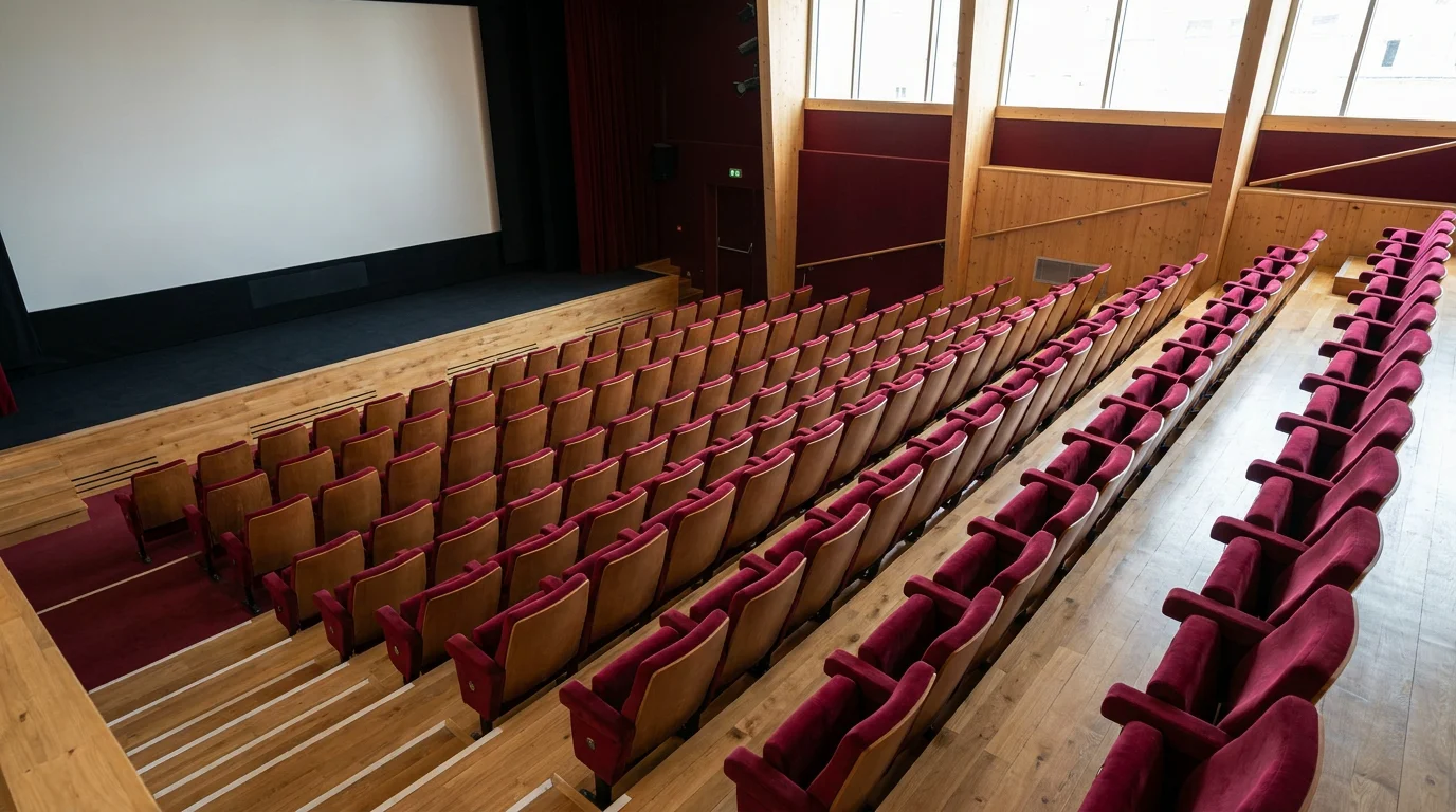 Rangées de fauteuils de cinéma pliables en velours bordeaux vus en plongée dans une salle en gradins