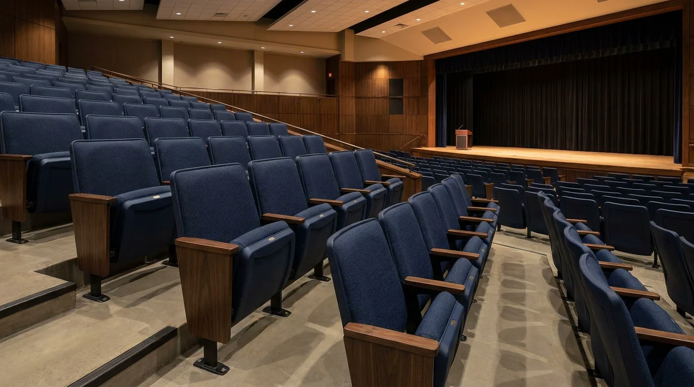 Sièges pliables bleu nuit avec accoudoirs en bois dans un auditorium en gradins