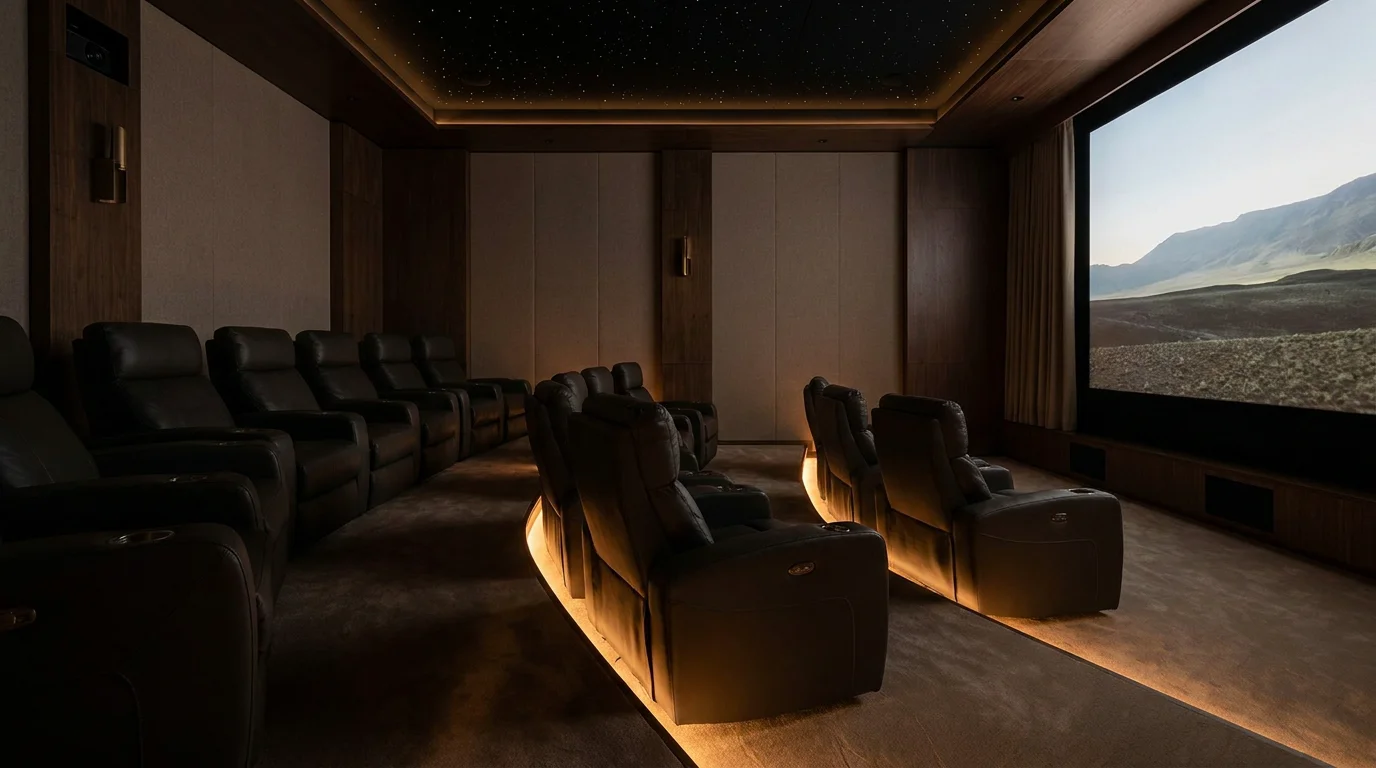 Salle de home cinéma moderne avec fauteuils inclinables en cuir et éclairage d'ambiance