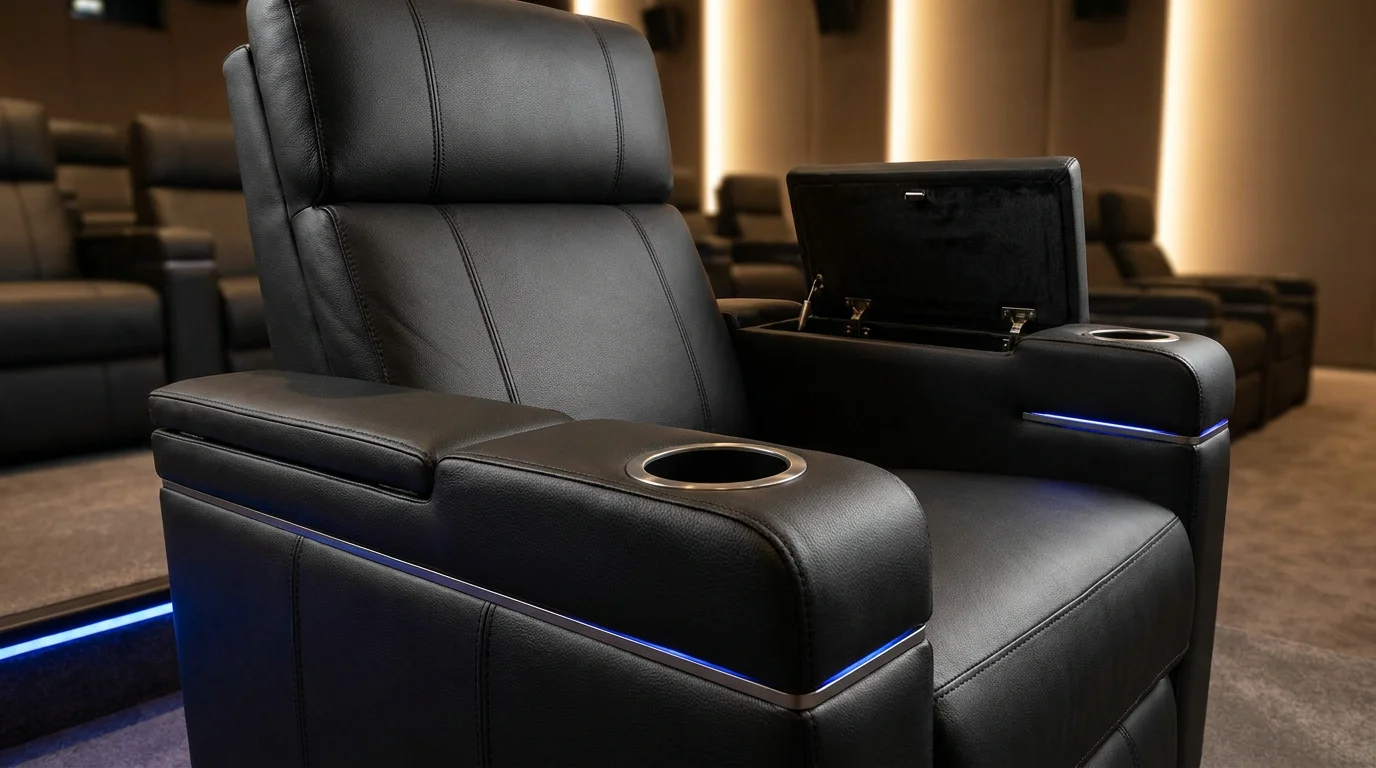 Détail d'un fauteuil de home cinéma avec porte-gobelet et éclairage LED intégré