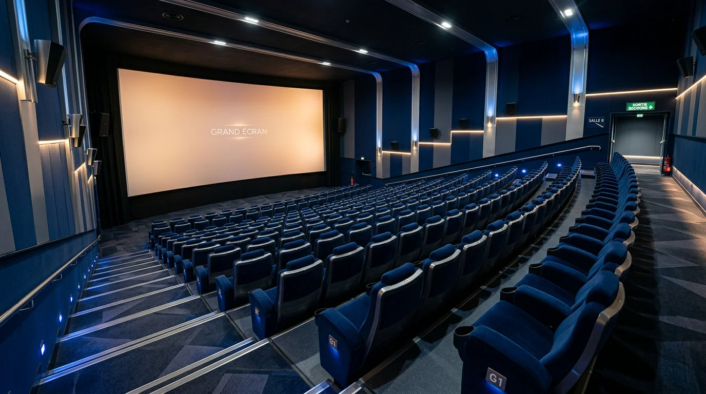 Rangées de fauteuils inclinés en gradins dans une salle de cinéma bleu nuit vue de côté