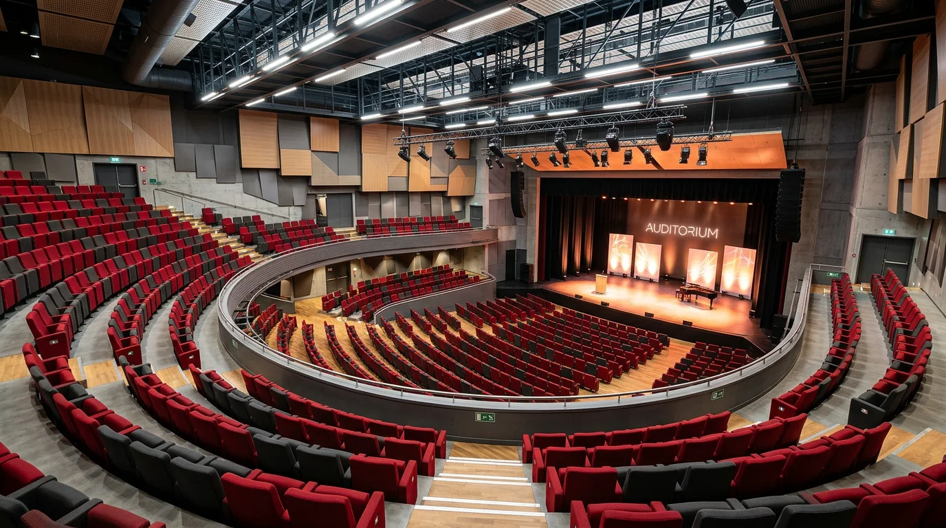 Vue plongeante sur des rangées de fauteuils rouges en gradins dans un auditorium moderne