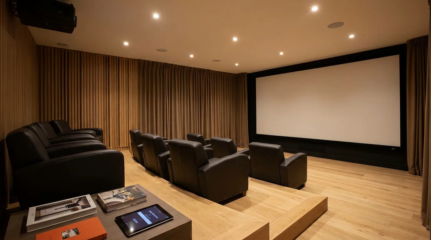 Salle de cinéma maison contemporaine avec fauteuils en cuir et éclairage professionnel