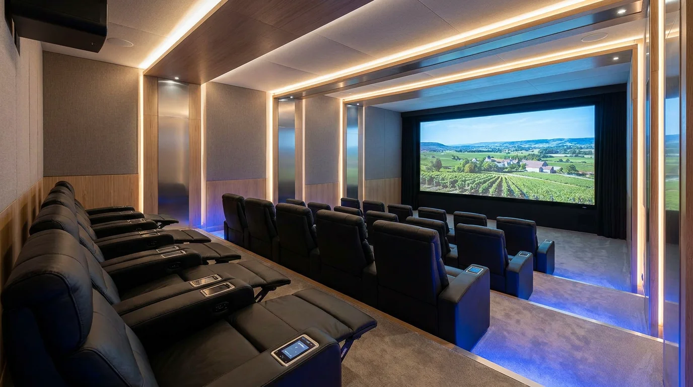 Salle de cinéma maison moderne avec fauteuils inclinables et éclairage d'ambiance
