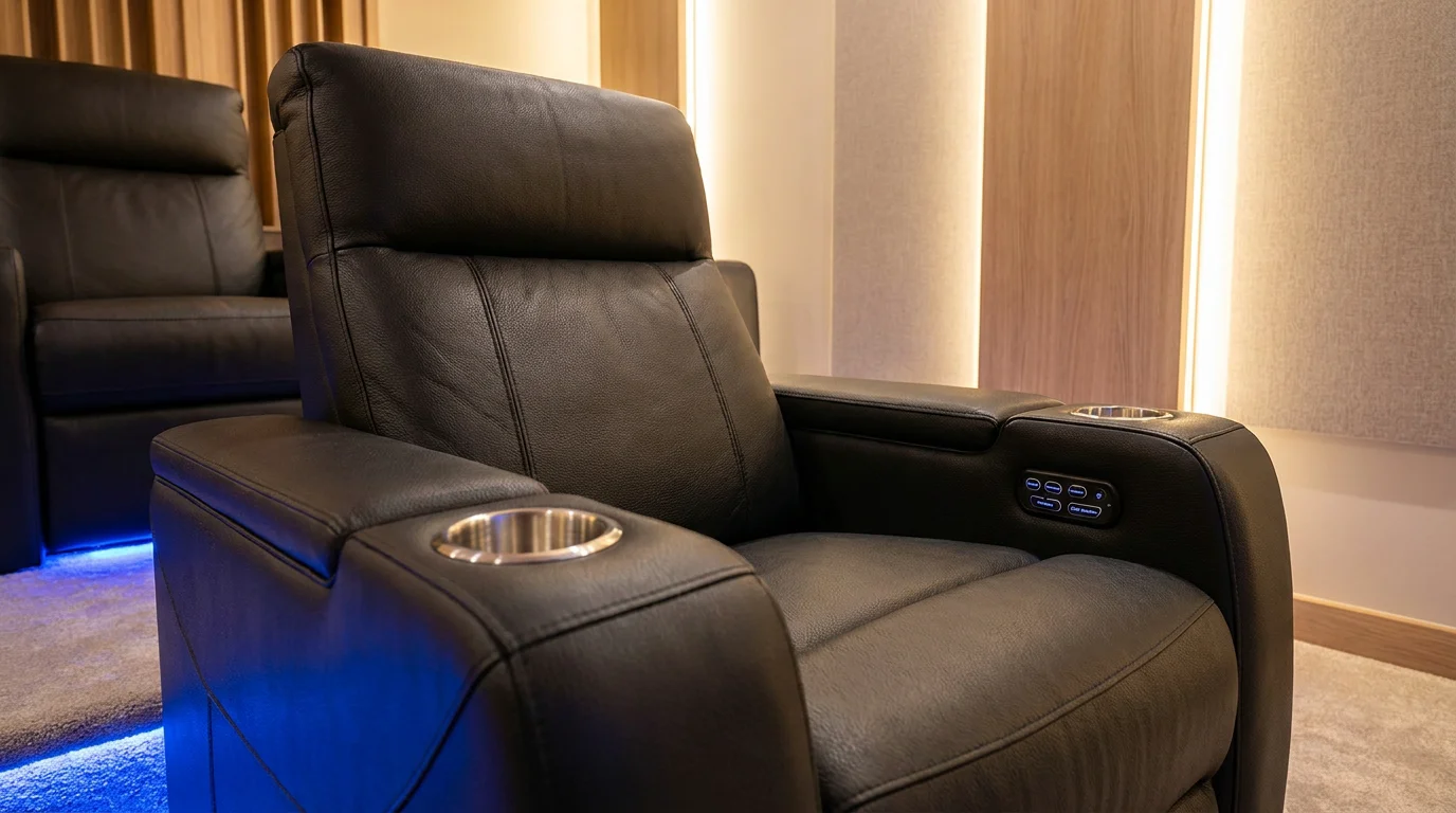 Détail d'un fauteuil de cinéma maison avec fonctionnalités intégrées et éclairage LED