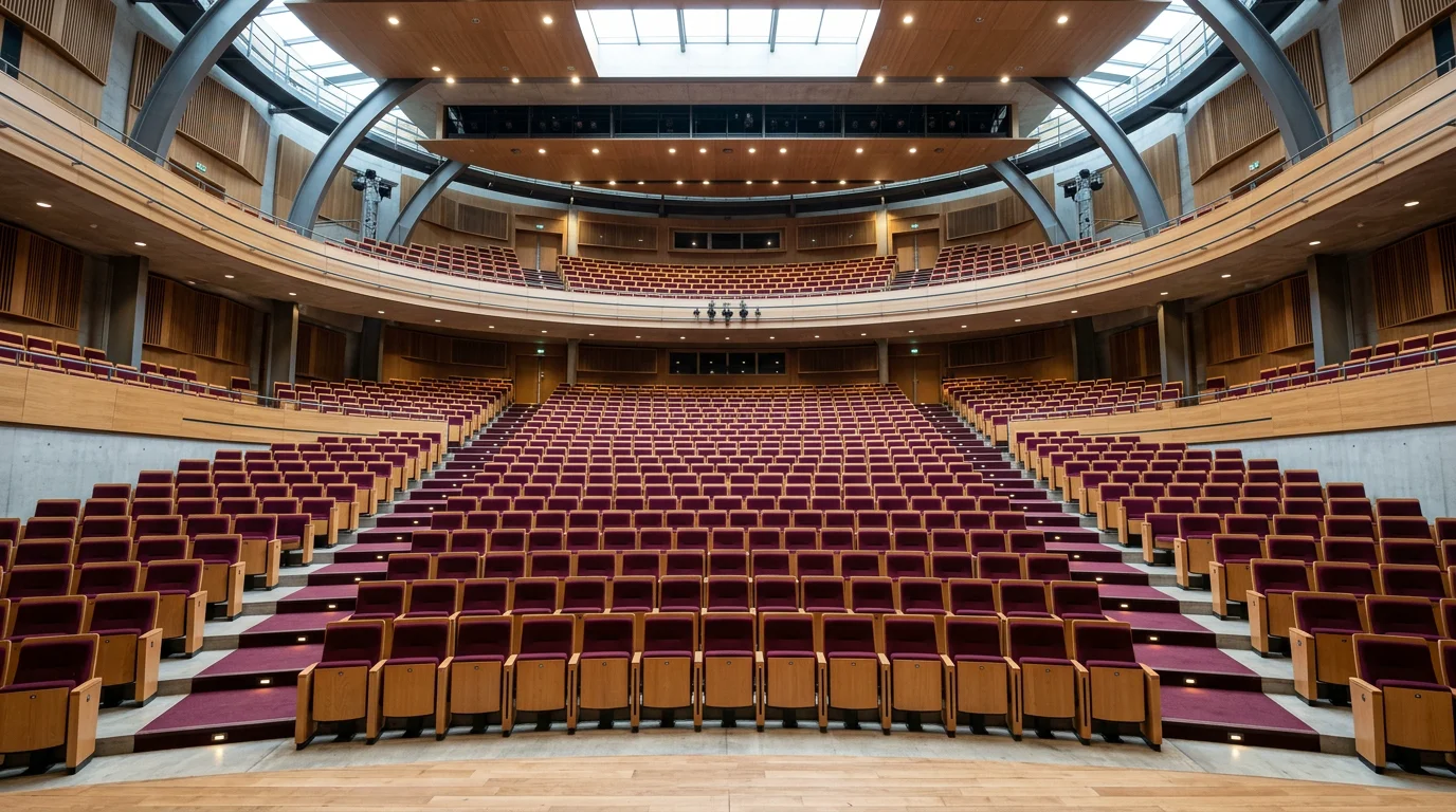 Amphithéâtre avec rangées de fauteuils bordeaux en gradins vus depuis la scène