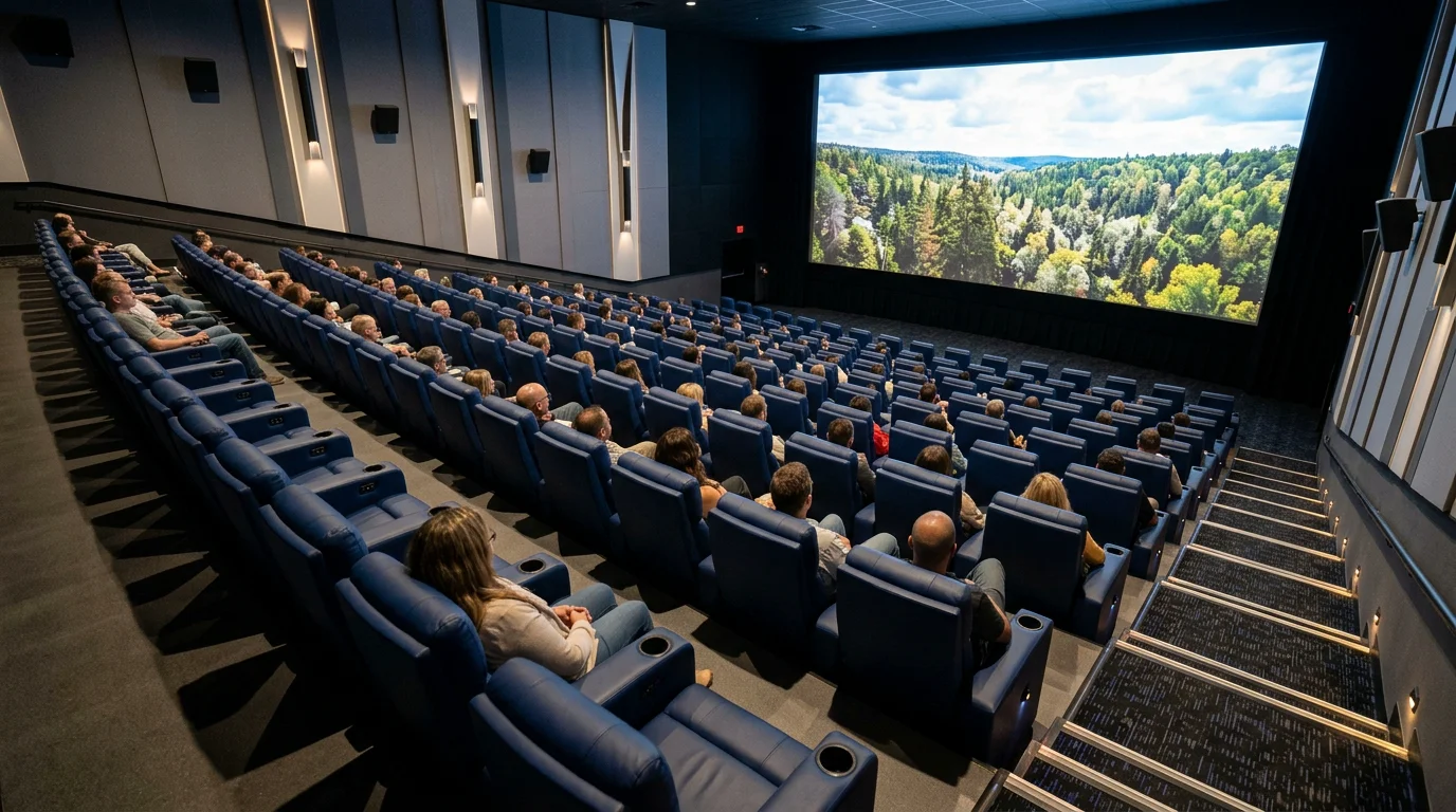 Salle de cinéma avec fauteuils bleu nuit vus en plongée face à l'écran