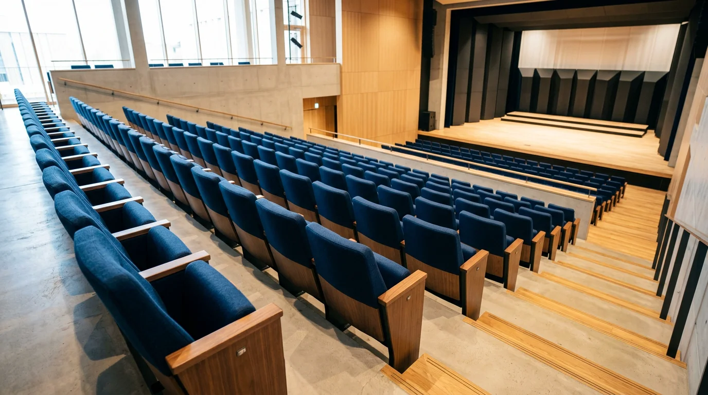 Rangées de fauteuils fixes bleu nuit en gradins dans un auditorium hôtelier