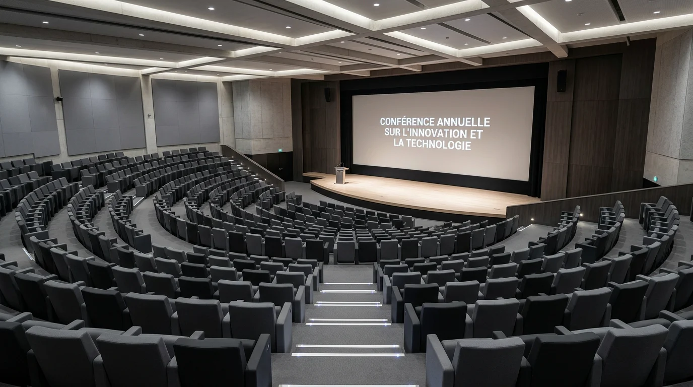 Vue en plongée d'un auditorium gris et noir avec écran et scène