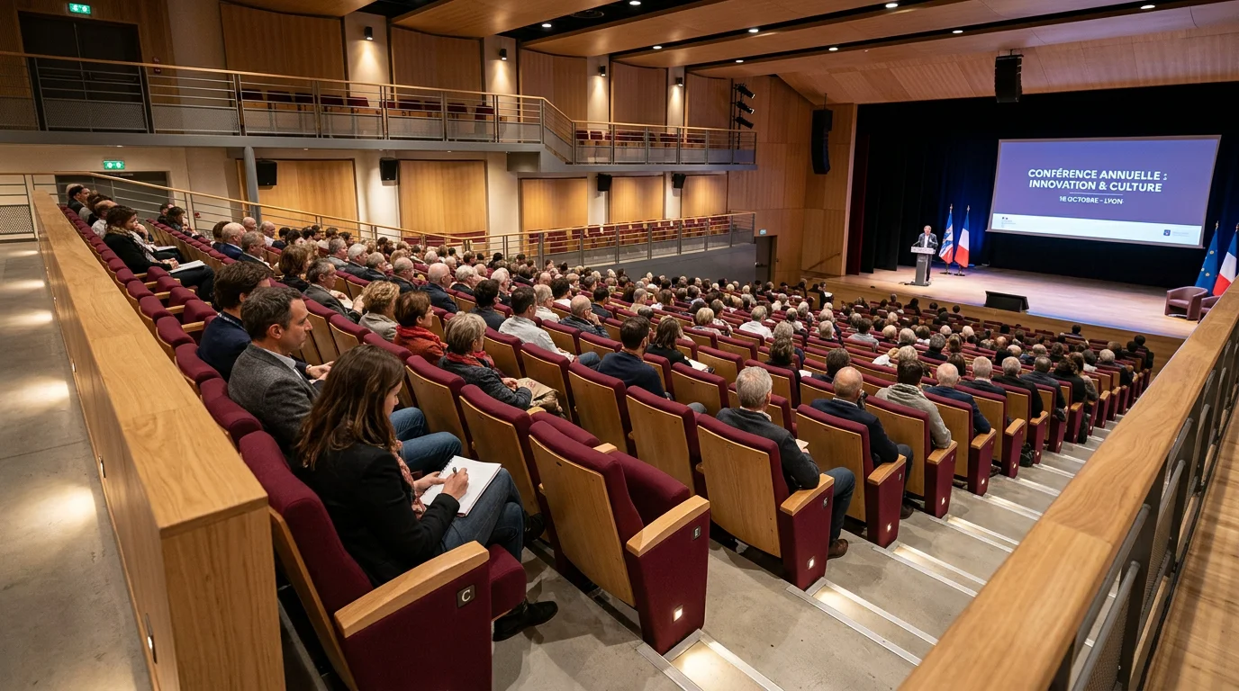 Rangées de fauteuils bordeaux en gradins dans un auditorium