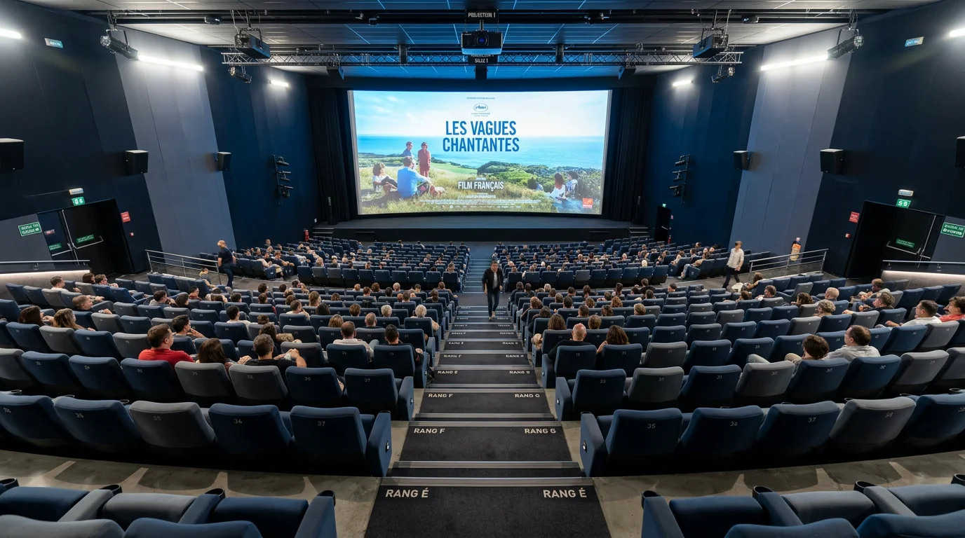 Vue en plongée de rangées de fauteuils bleu nuit face à un écran