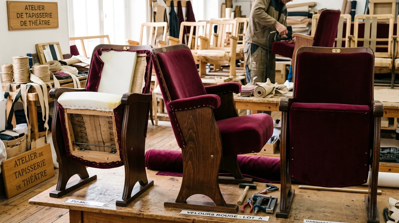 Atelier de tapisserie garnissant des fauteuils de théâtre en velours bordeaux