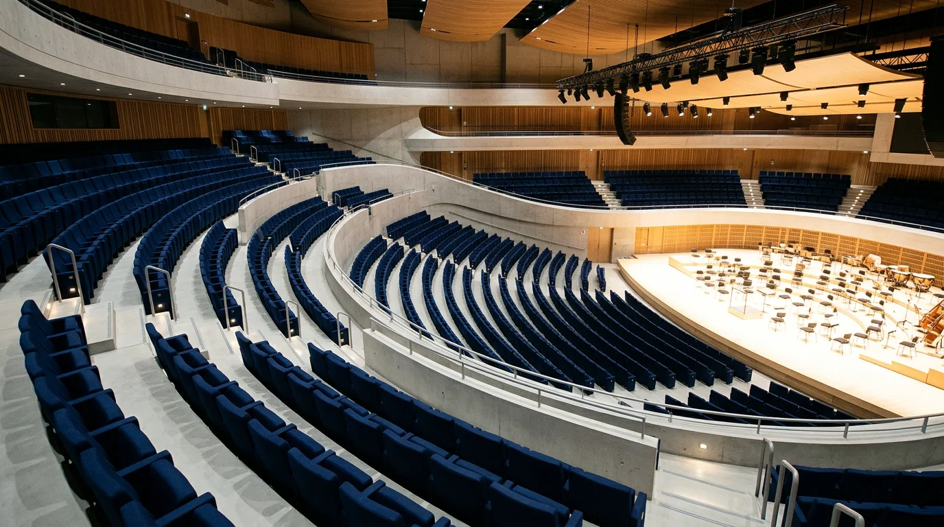 Amphithéâtre moderne avec rangées de fauteuils bleu nuit vus en plongée