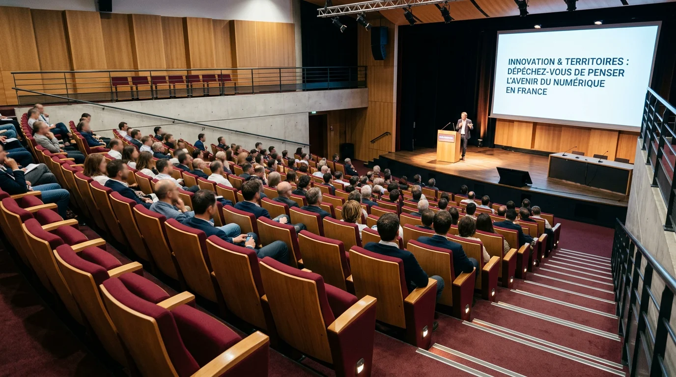 Auditorium en gradins avec fauteuils bordeaux face à une scène