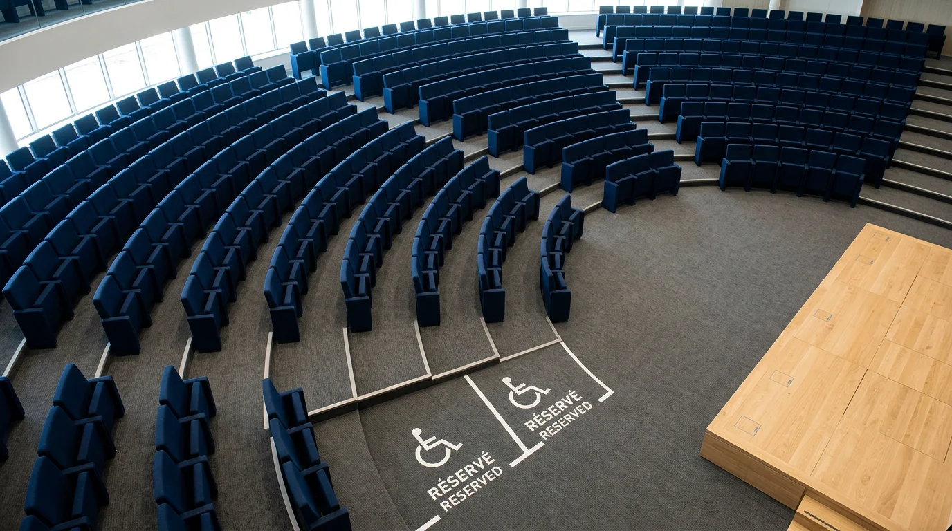 Salle de conférence en hémicycle bleu nuit vue en plongée avec espace PMR