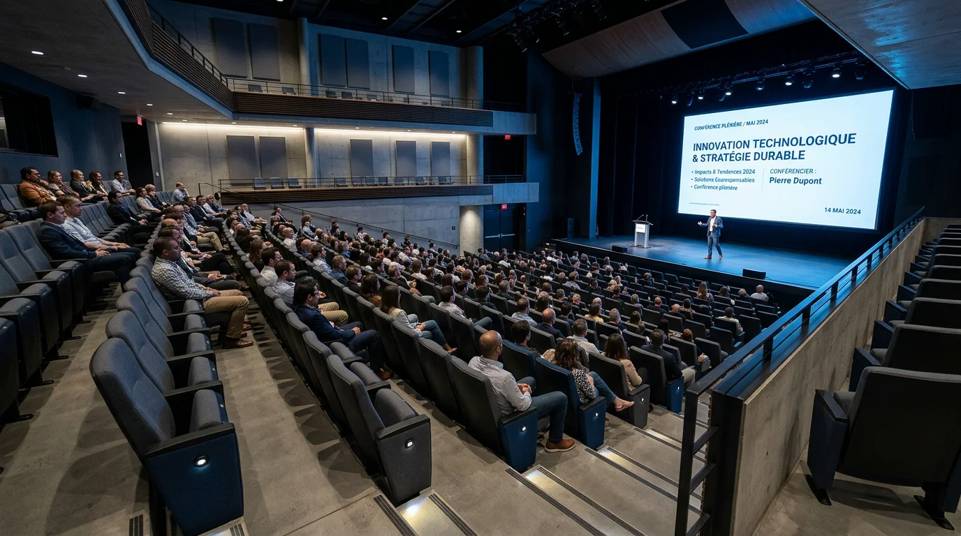 Auditorium avec rangées de fauteuils en gradins face à un grand écran de projection