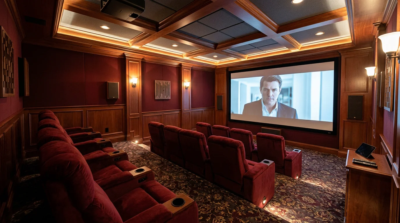 Salle de home cinéma avec fauteuils inclinables en gradins face à un écran de projection