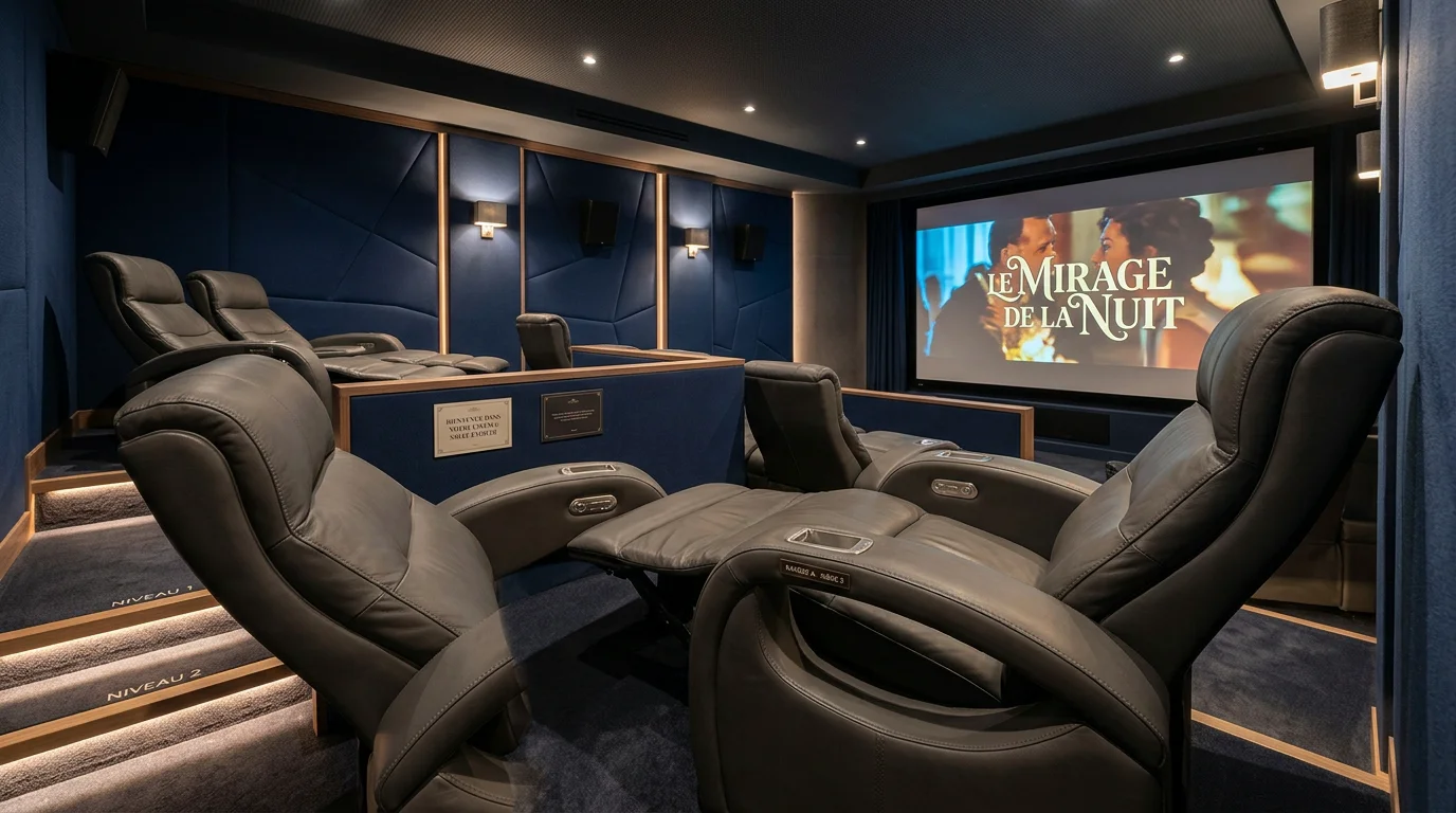 Rangées de fauteuils de cinéma en cuir bleu nuit dans une salle home cinéma privée
