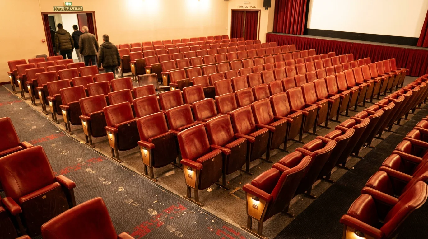 Vue en plongée de rangées de fauteuils de cinéma en cuir rouge dans une salle classique