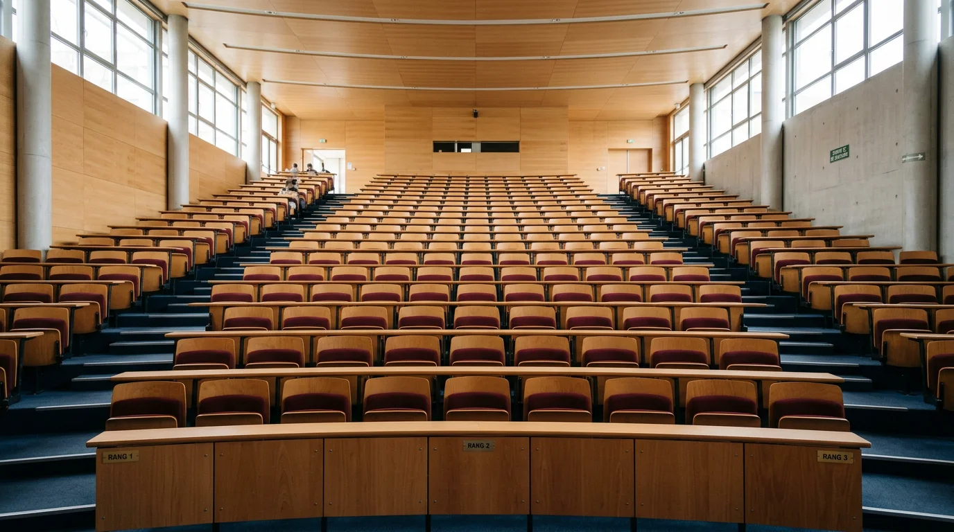 Rangées de fauteuils rabattables en bois et tissu bordeaux dans un amphithéâtre universitaire vues depuis la scène