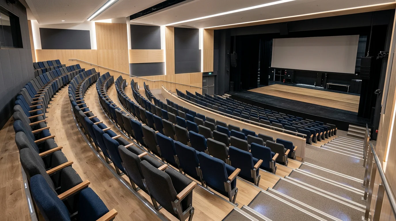 Auditorium moderne avec fauteuils gris et bleu nuit en gradins face à une scène et un écran
