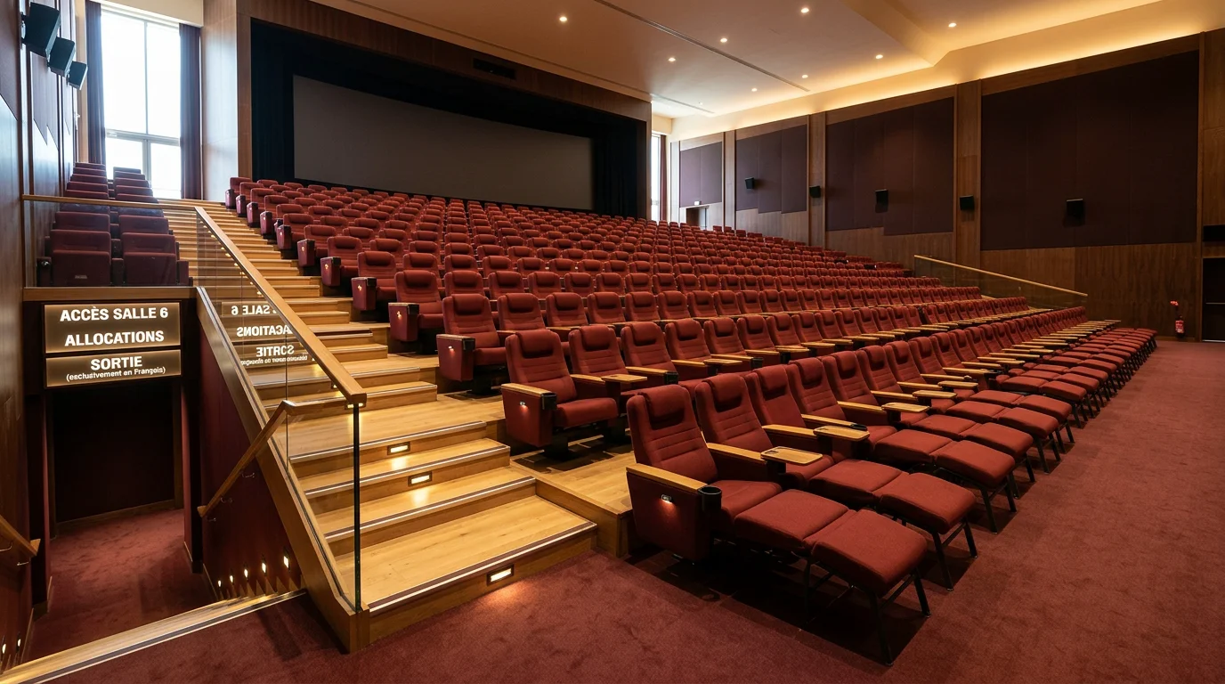 Rangées de fauteuils de cinéma bordeaux et bois en gradins face à un écran