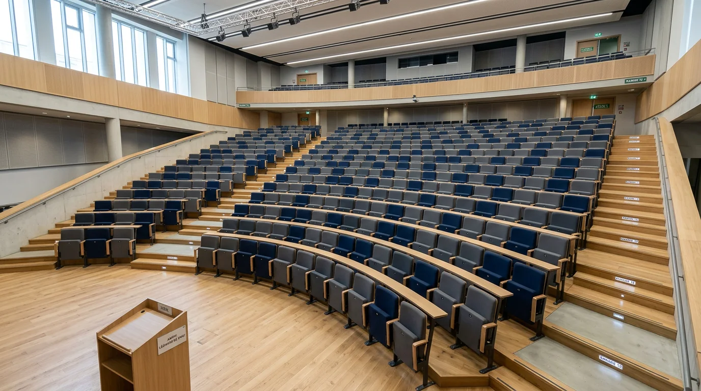 Amphithéâtre moderne avec fauteuils gris et bleu nuit vus en plongée