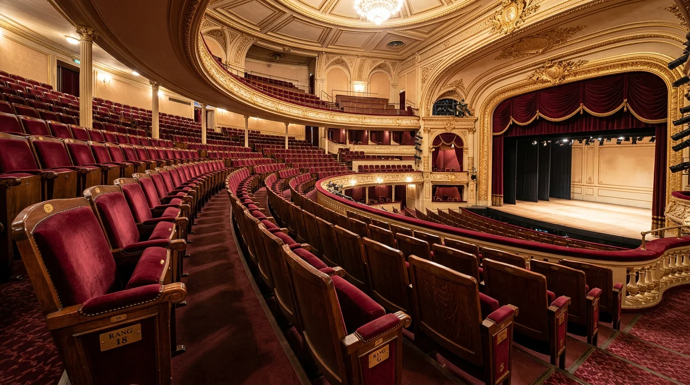 Rangées de fauteuils bordeaux en gradins dans une salle de théâtre