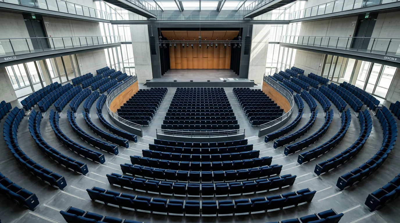 Vue en plongée de fauteuils bleu nuit en gradins dans un auditorium