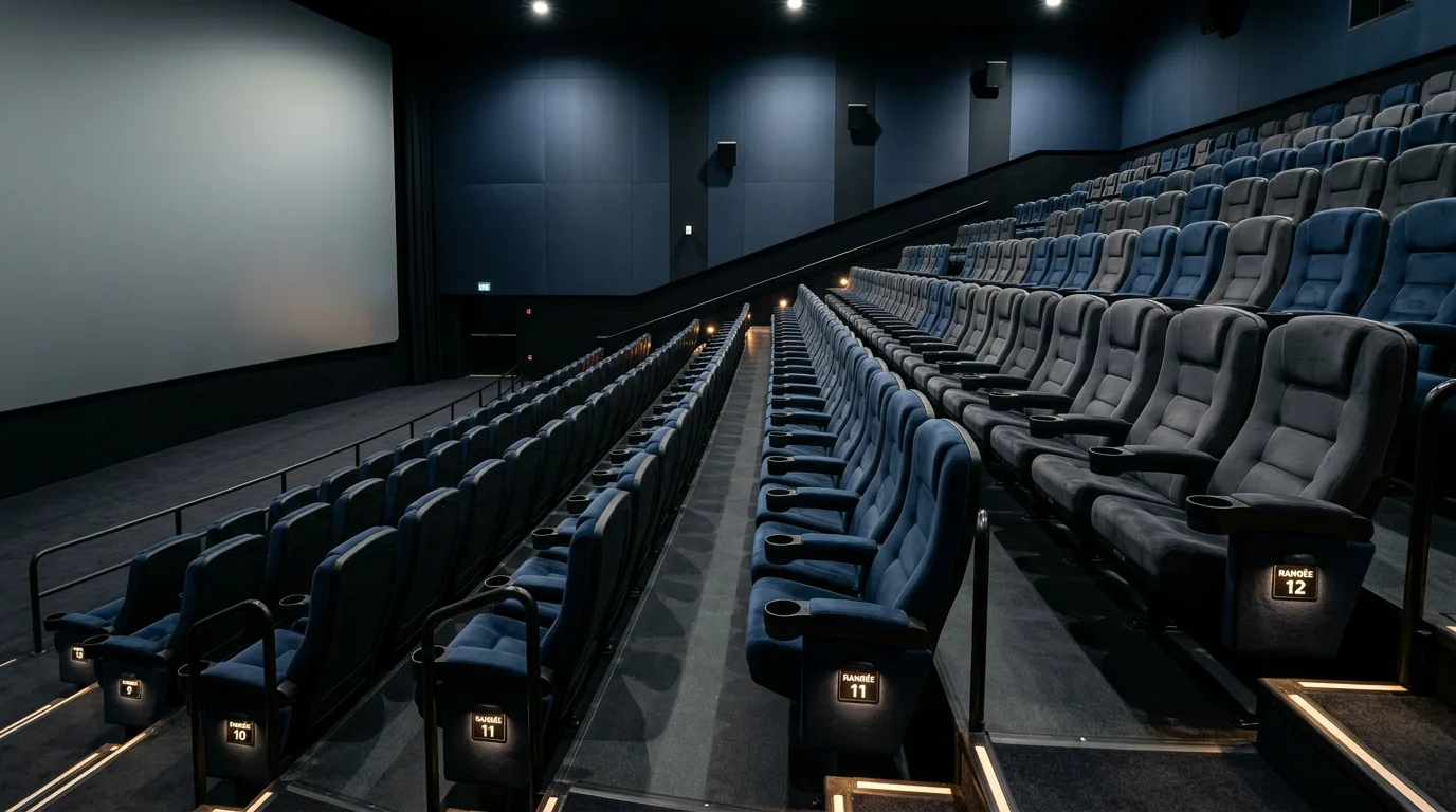 Rangées de fauteuils bleu nuit inclinés en gradins face à un écran de cinéma