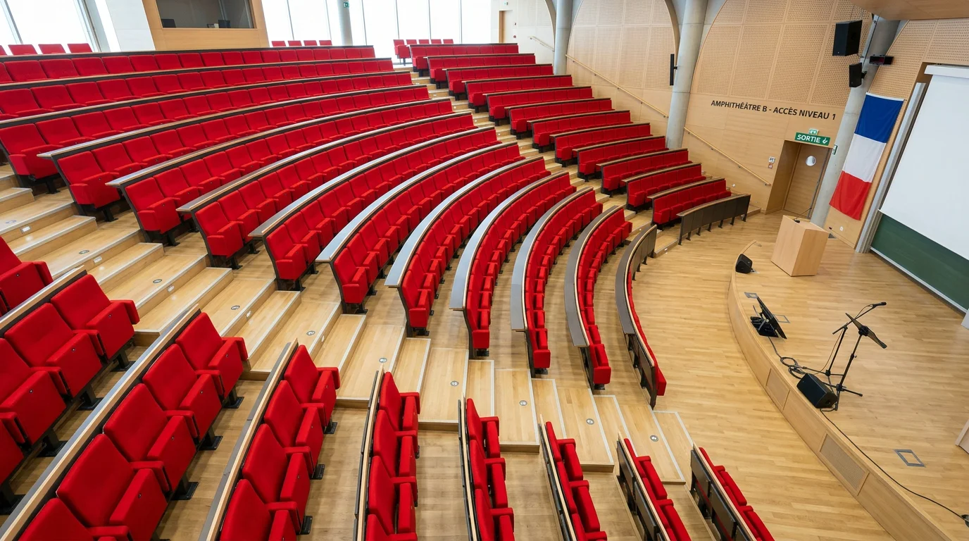 Vue en plongée de rangées de fauteuils rouges d'amphithéâtre en gradins