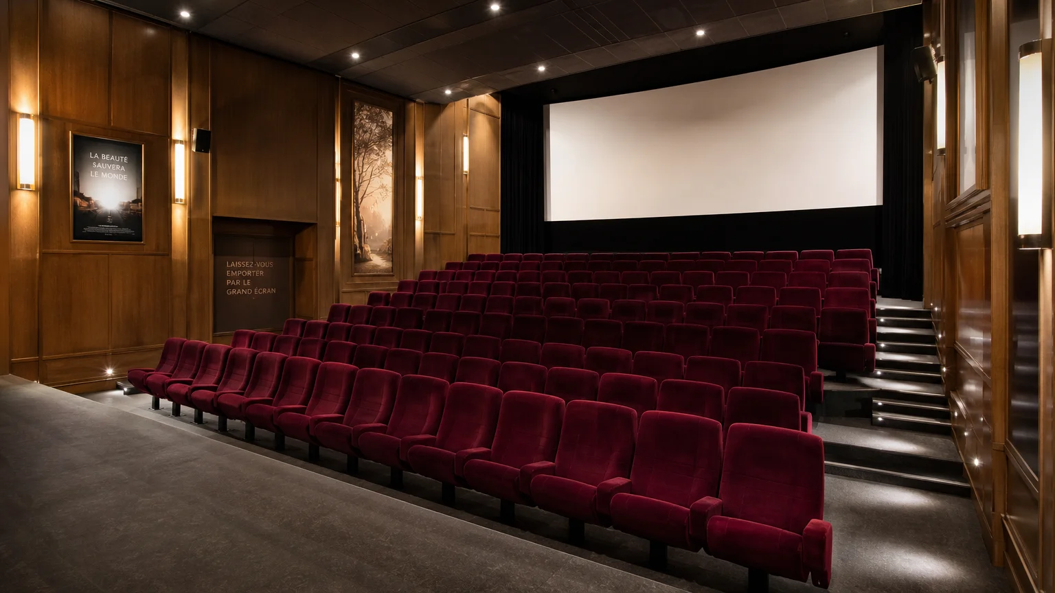 Salle de cinéma art et essai aux fauteuils bordeaux en gradins face à l'écran