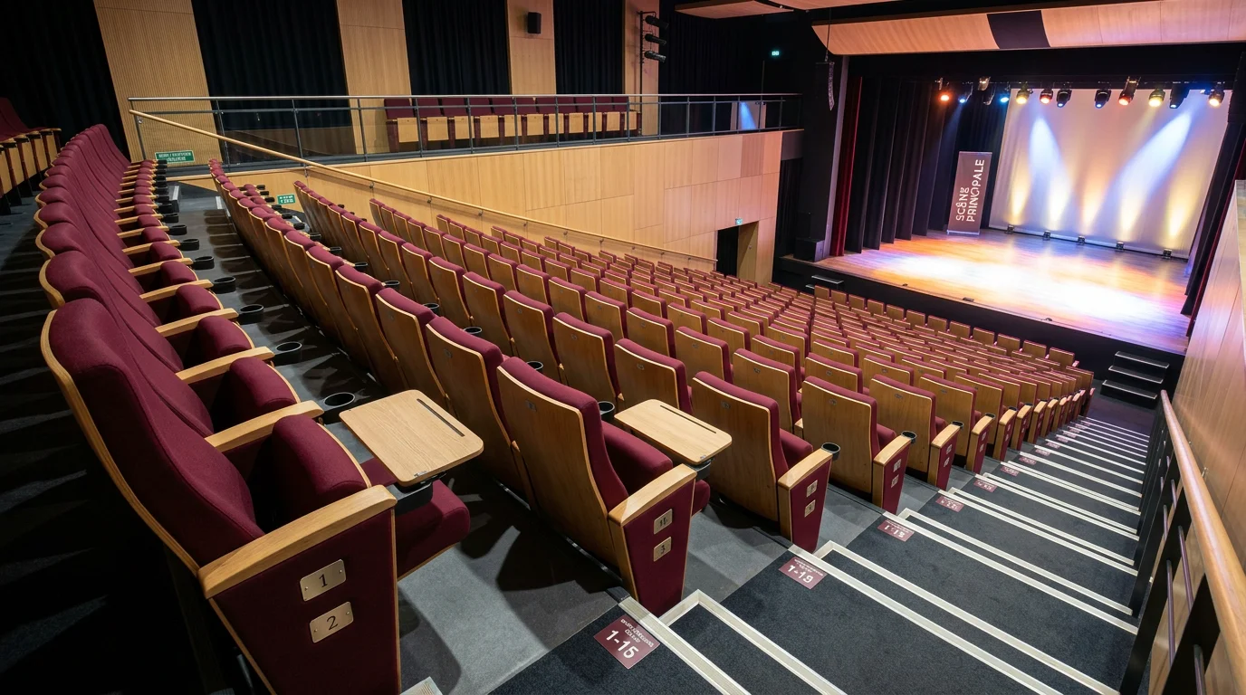 Rangées de fauteuils en gradins bordeaux et bois dans un auditorium