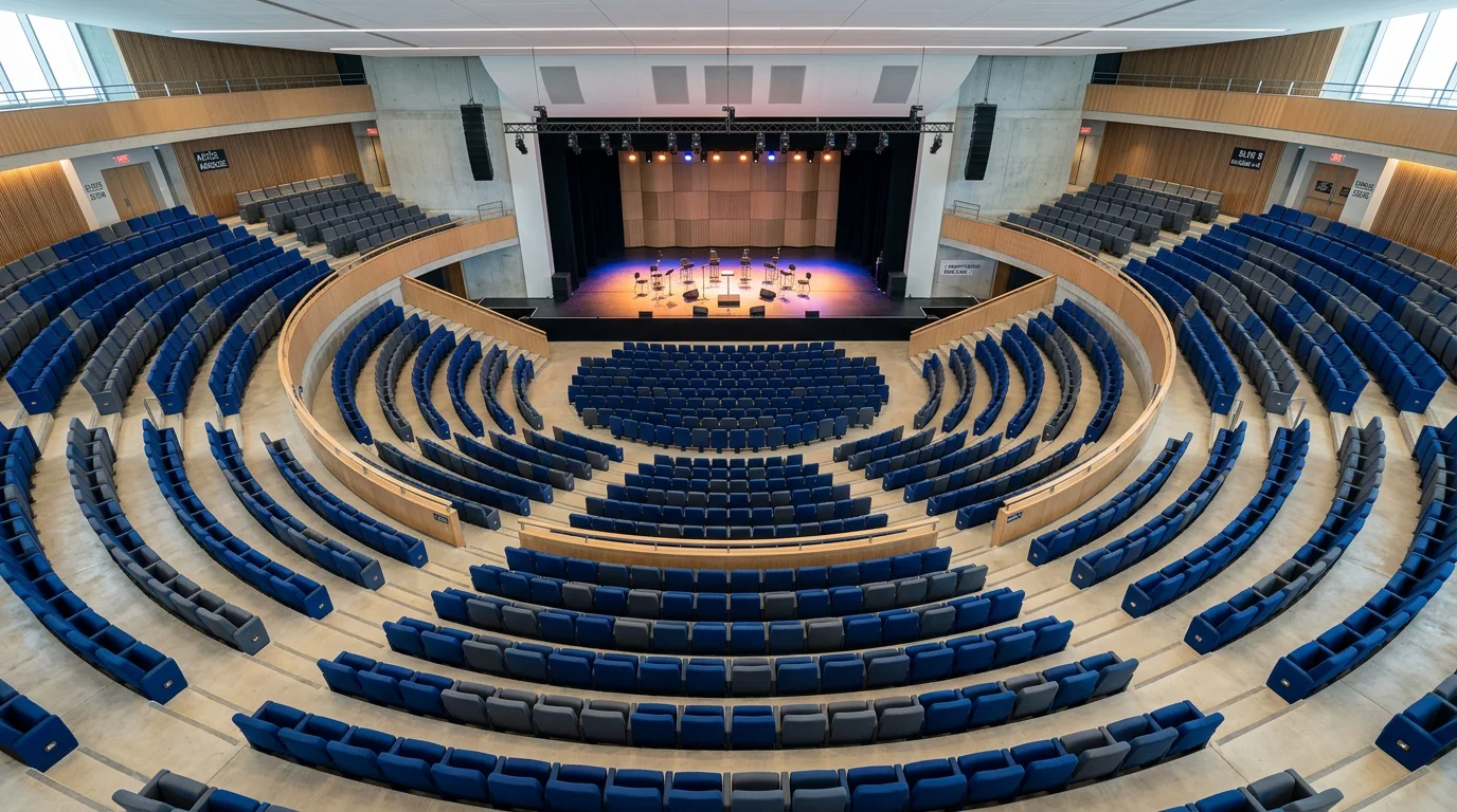 Vue en plongée d'un amphithéâtre en hémicycle aux sièges bleu nuit