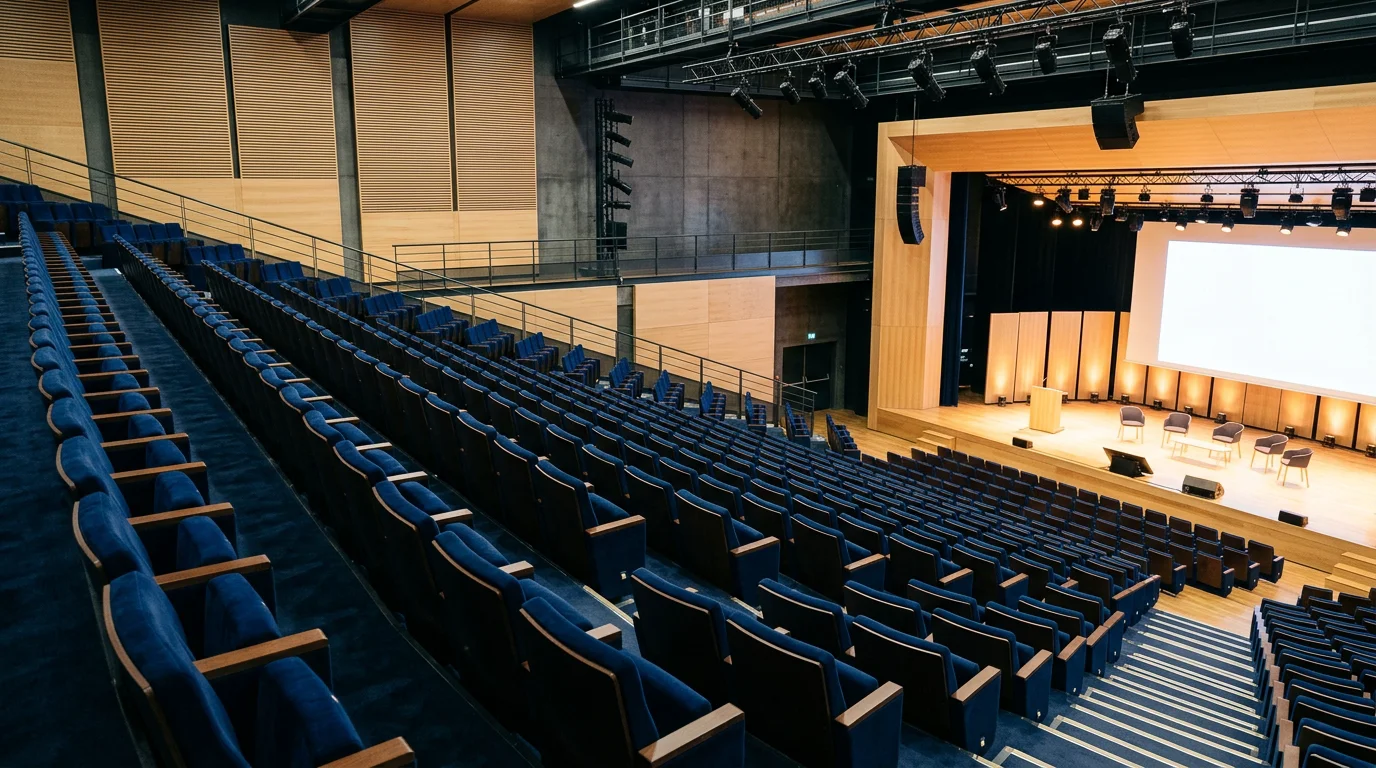 Auditorium moderne avec fauteuils bleu nuit en gradins face à une scène