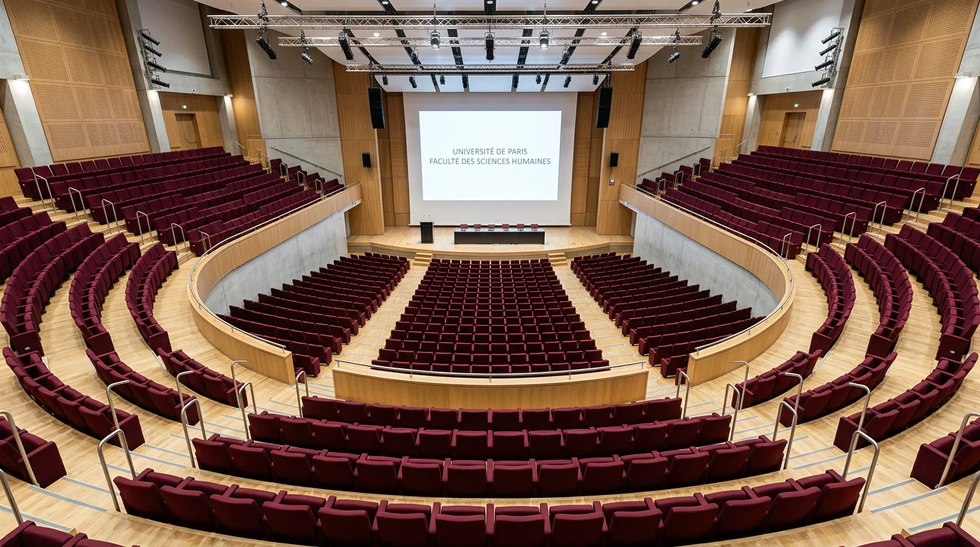 Amphithéâtre en plongée avec fauteuils bordeaux en gradins de bois