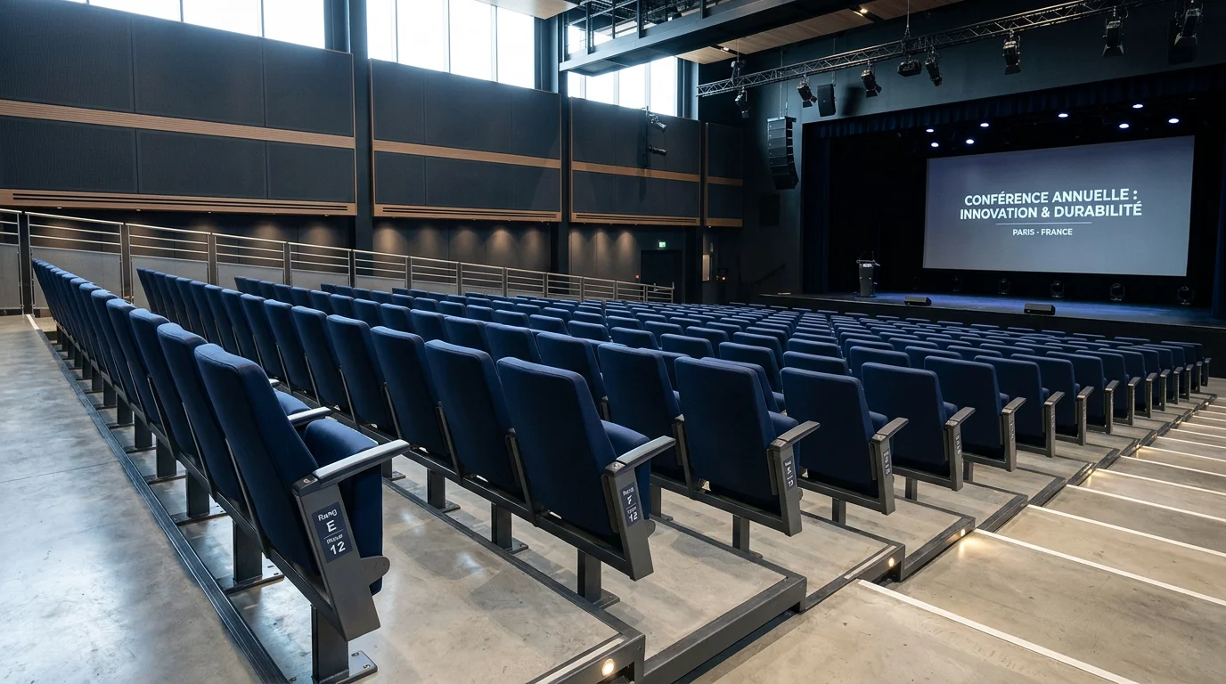 Rangées de fauteuils empilables bleu nuit vues de côté dans un auditorium