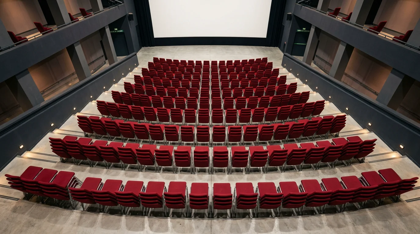 Vue en plongée de rangées de fauteuils rouges empilables dans une salle de cinéma