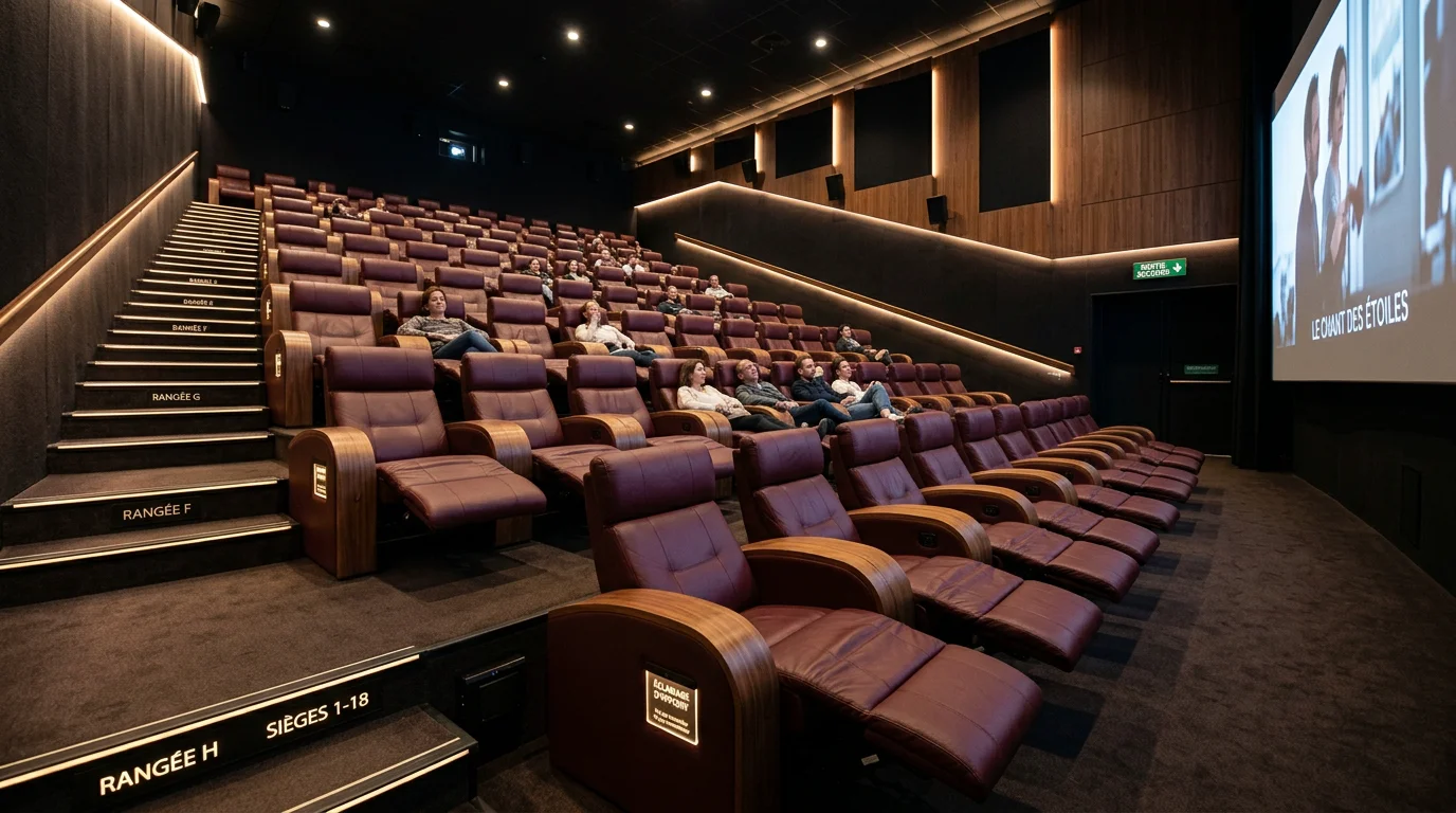Rangées de fauteuils de cinéma en cuir bordeaux face à l'écran dans une salle moderne