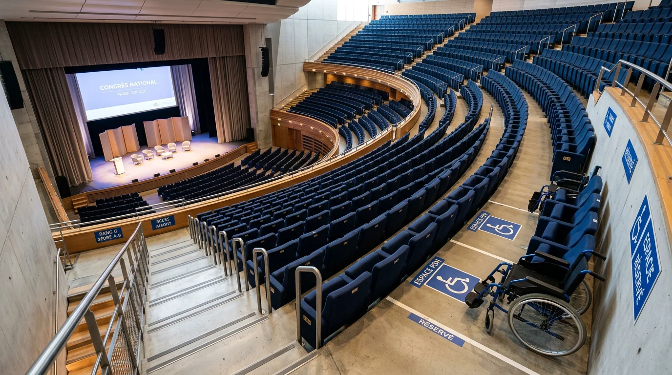 Auditorium en gradins avec sièges bleu nuit et emplacements accessibles en bout de rangée