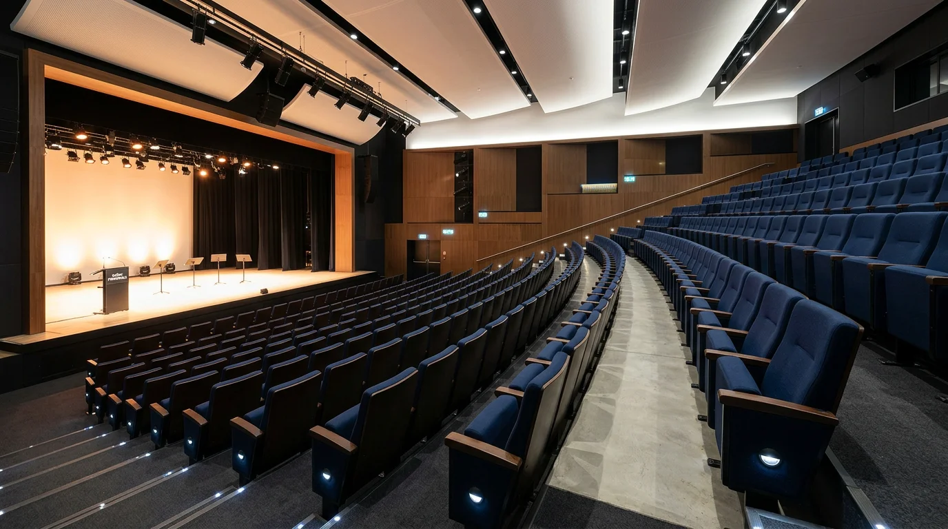 Rangées de fauteuils bleu nuit en gradins dans un auditorium vus de côté