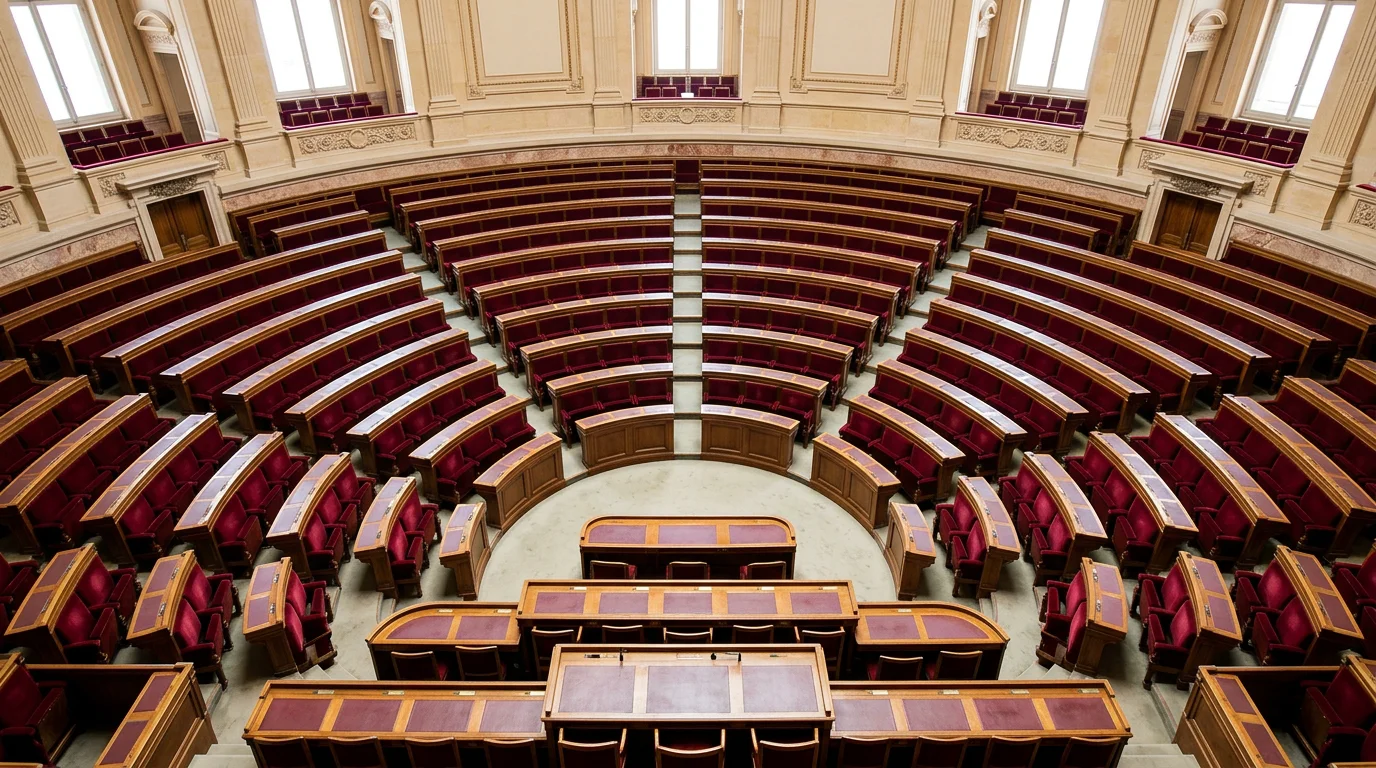 Hémicycle en gradins bordeaux et bois vu en plongée vers l'estrade