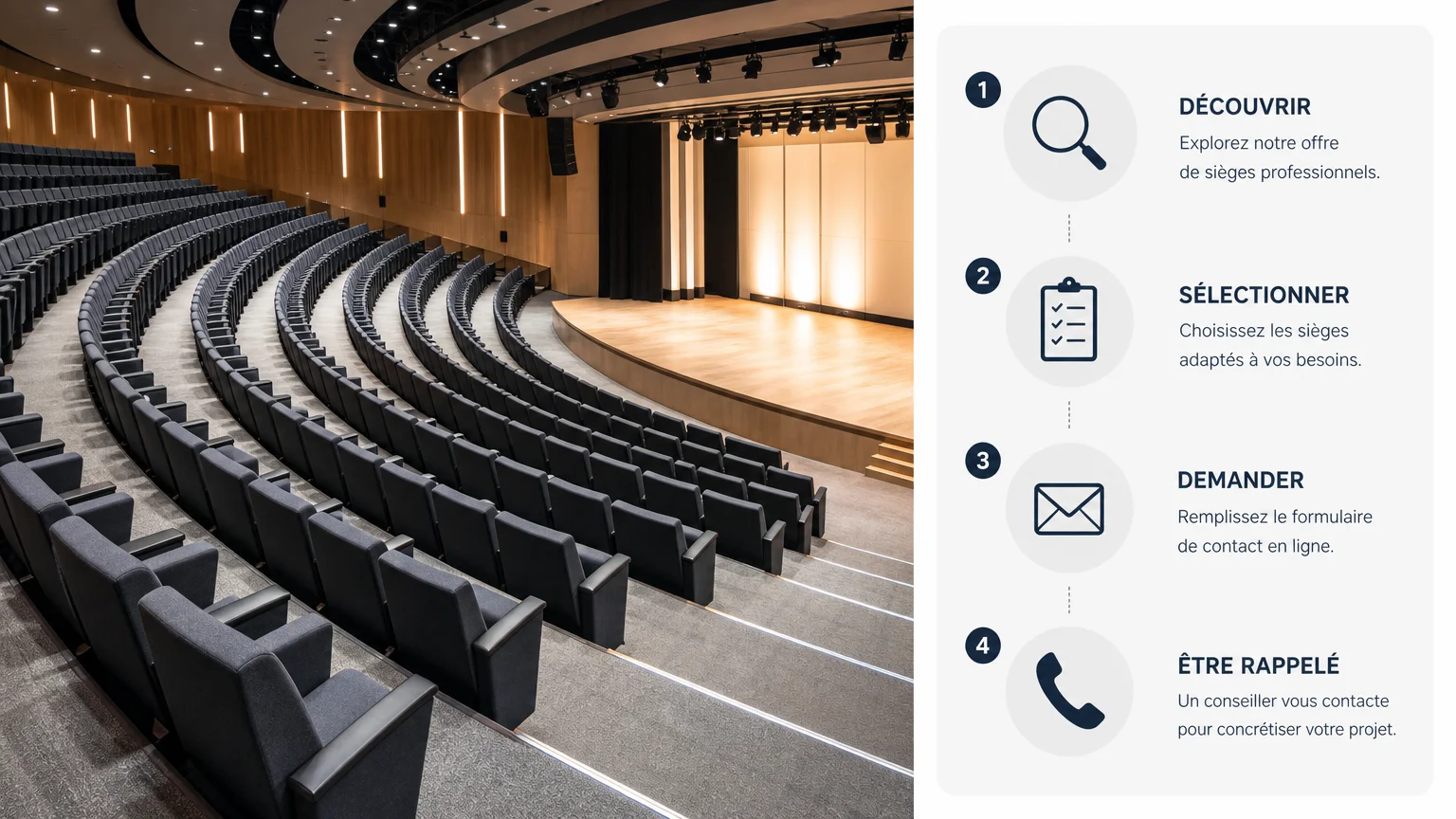 Fauteuils cinéma gris et noirs disposés en hémicycle face à une scène